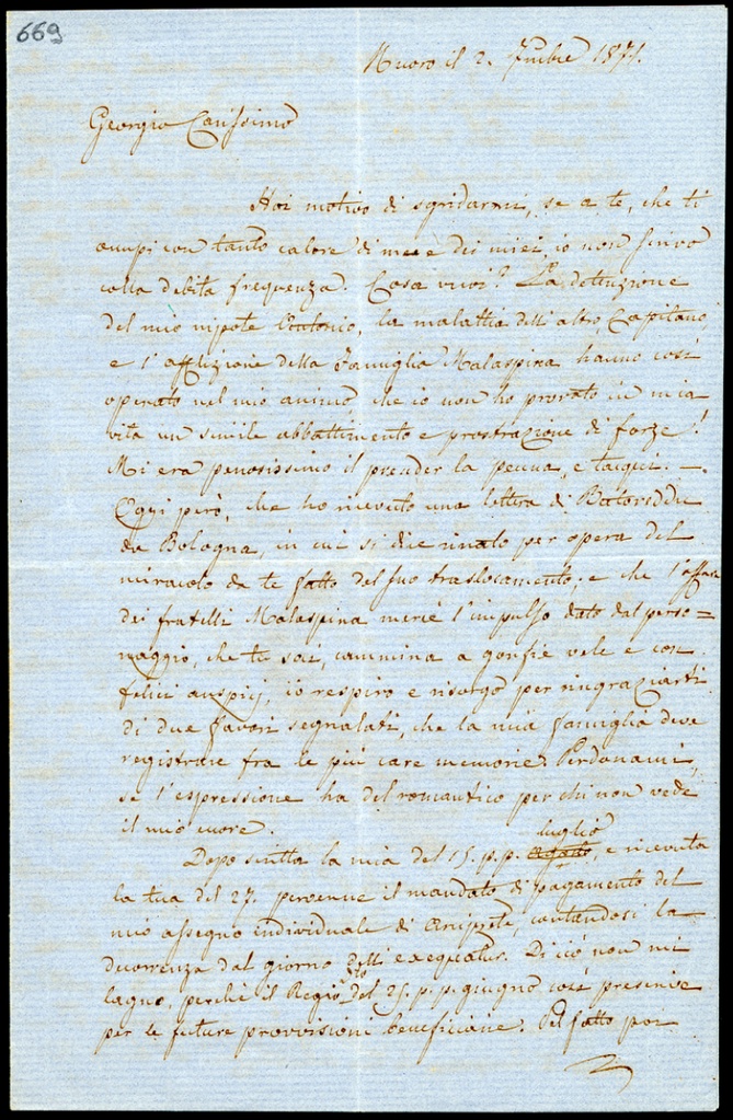 Lettera manoscritta inviata da Can. Ciriaco Pala a Giorgio Asproni : 1