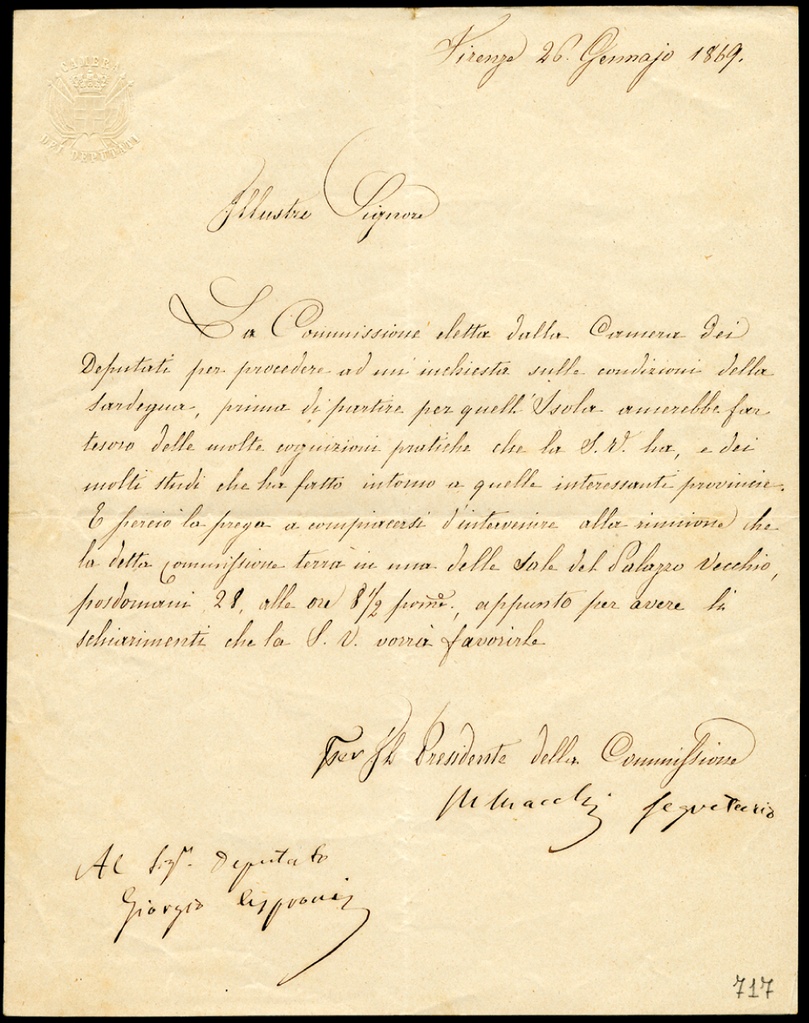 Lettera manoscritta firmata Mauro Macchi, segretario Commissione d'Inchiesta sulla Sardegna, a Giorgio Asproni