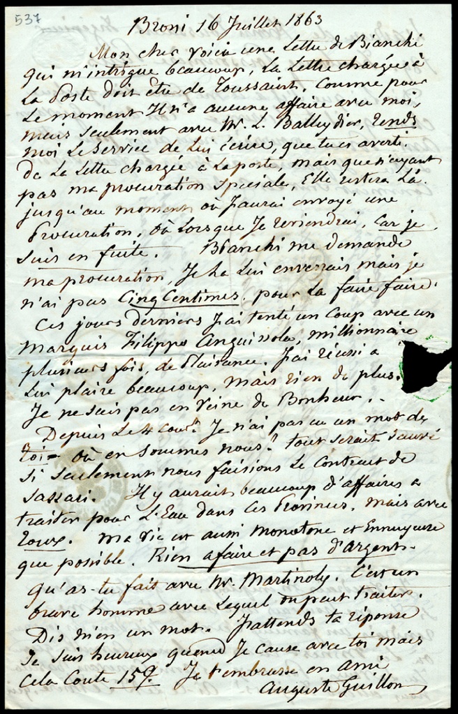 Lettera manoscritta inviata da August Guillon di Saint Leger a Giorgio Asproni
