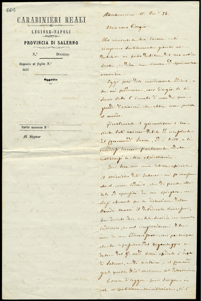 Lettera intestata "Carabinieri Reali Legione Napoli Prov"
inviata  dal carabiniere Cirittu (o Cicitu)  a Giorgio Asproni