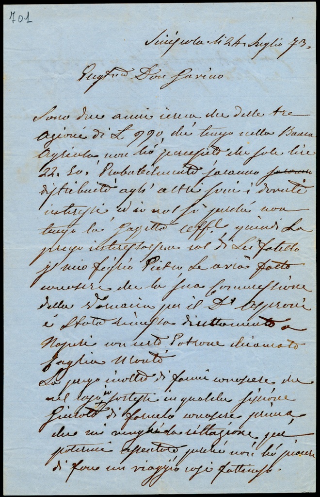 Lettera manoscritta inviata da G. Pusceddu a Giorgio Asproni