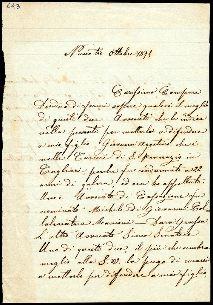 Lettera manoscritta inviata da G. Pietro Piras a Giorgio Asproni