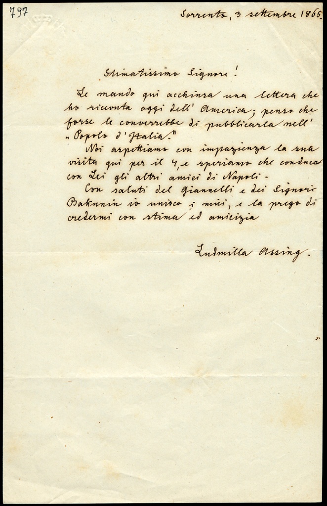 Lettera manoscritta da pubblicare su  “Il Popolo d' Italia" inviata da Ludmilla Assing a Giorgio Asproni