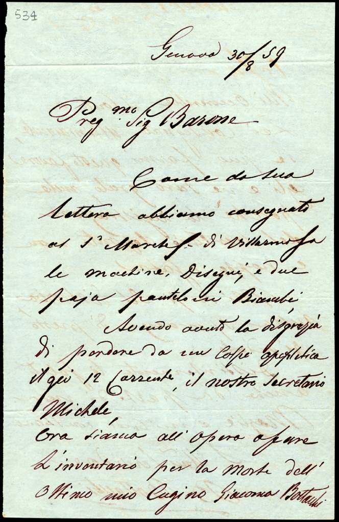 Lettera manoscritta inviata da B. Bottacchi a Guillon di Saint Leger