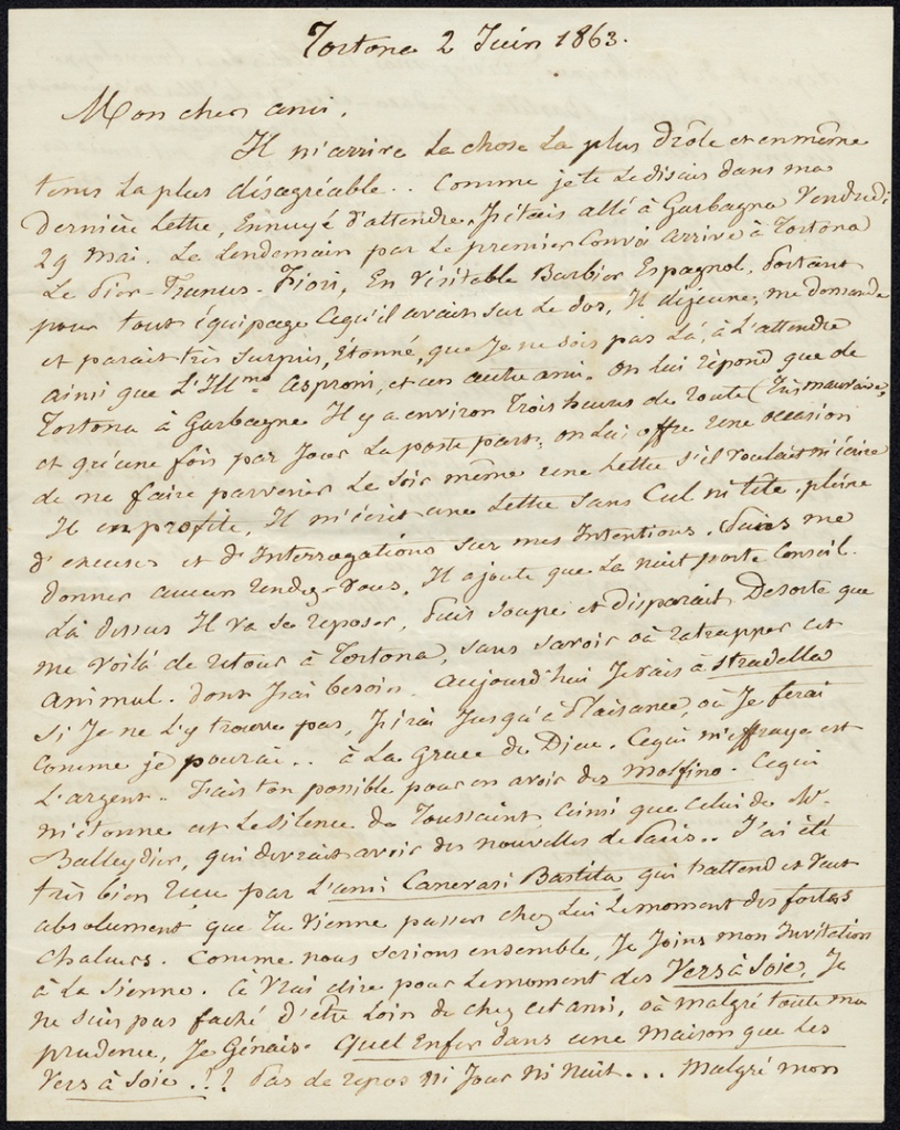 Lettera manoscritta inviata da Guillon di Saint Leger a Giorgio Asproni e Giovanni Antonio Porcu ufficiale di posta