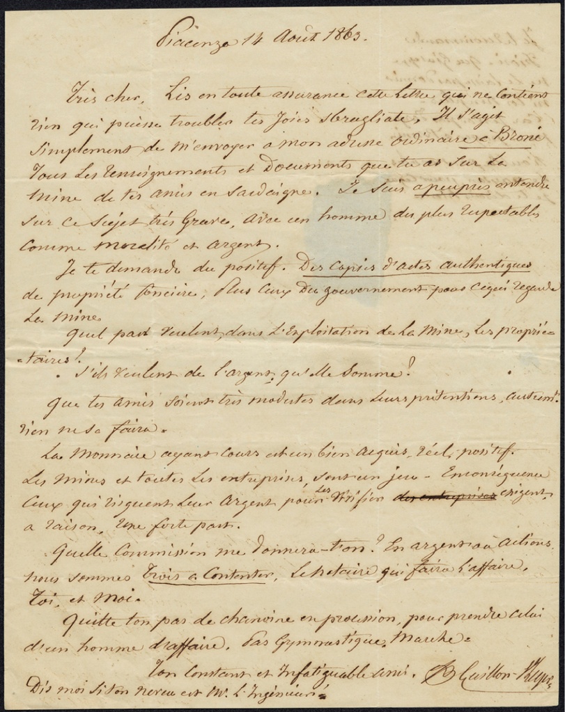 Lettera manoscritta inviata da Guillon di Saint Leger a Giorgio Asproni e Giovanni Antonio Porcu : 1
