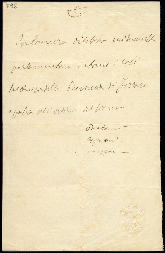Ordine del giorno autografo firmato da Bertani, Asproni, Avezzana
