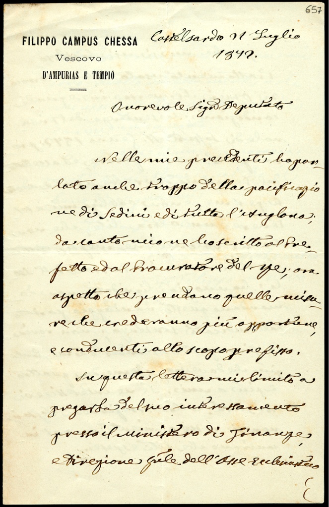 Lettera manoscritta di Filippo Campus Chessa, vescovo d'Ampurias e Tempio