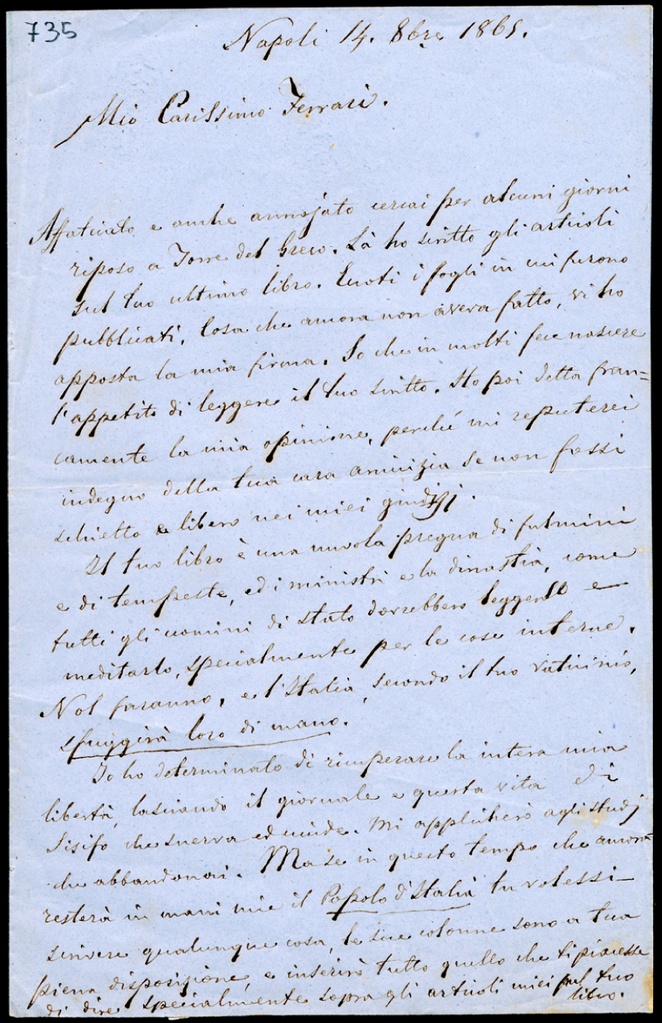 Lettera manoscritta inviata da Giorgio Asproni a G. Ferrari