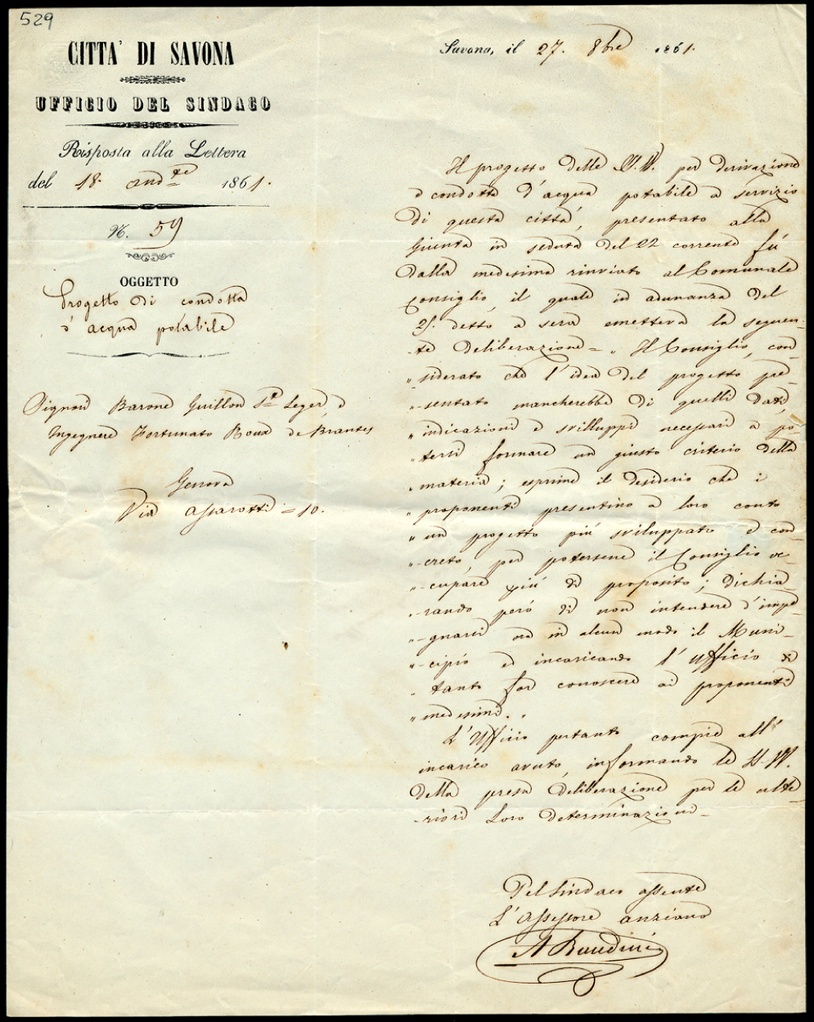 Lettera manoscritta inviata da A. Bandini, assessore anziano del  Comune di Savona, a Guillon di Saint Leger