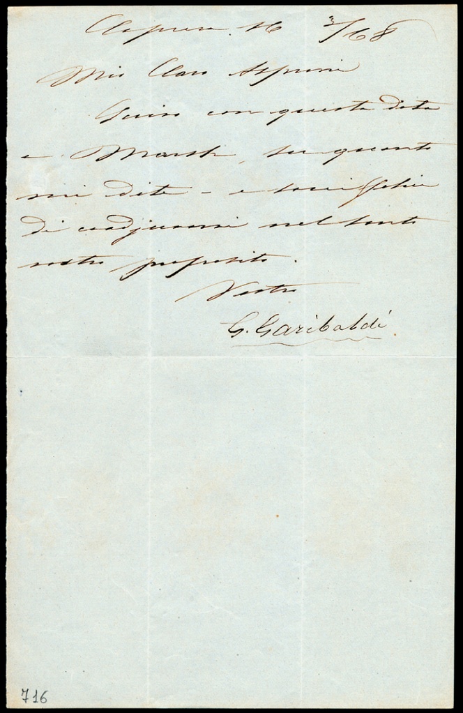 Lettera manoscritta inviata da Giuseppe Garibaldi a Giorgio Asproni