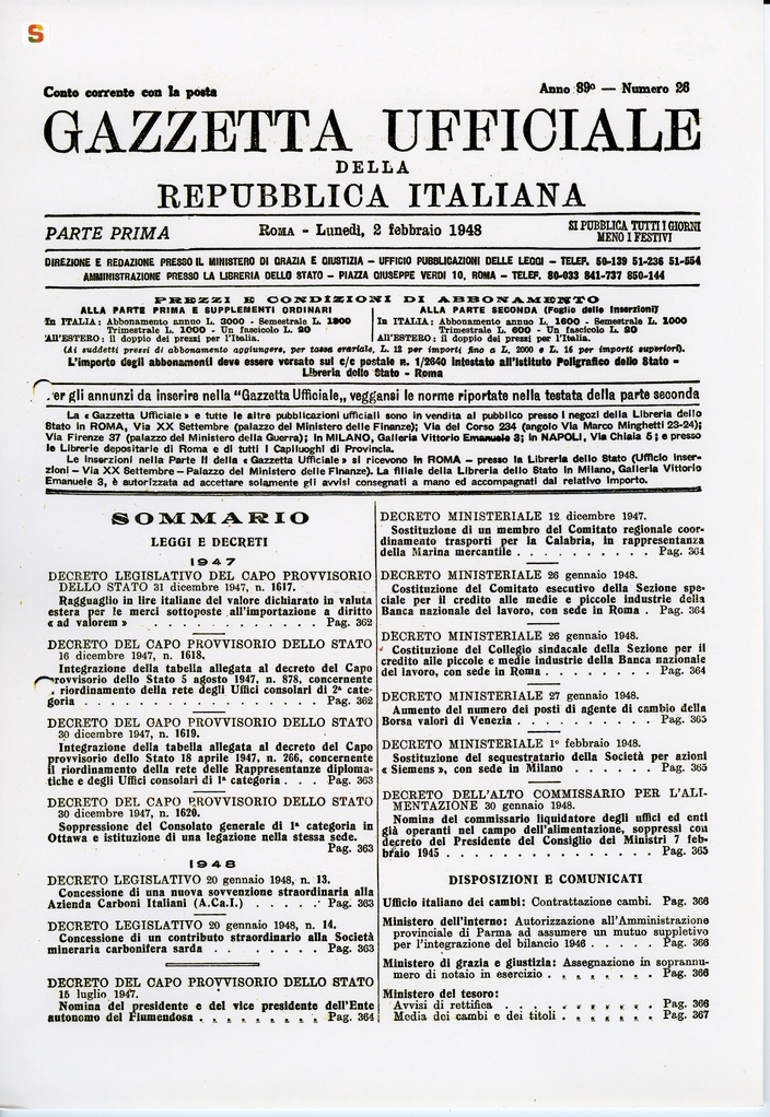 Gazzetta Ufficiale della Repubblica Italiana, n. 26, nomina del Presidente e del vice Presidente dell'Ente Autonomo del Flumendosa (frontespizio)