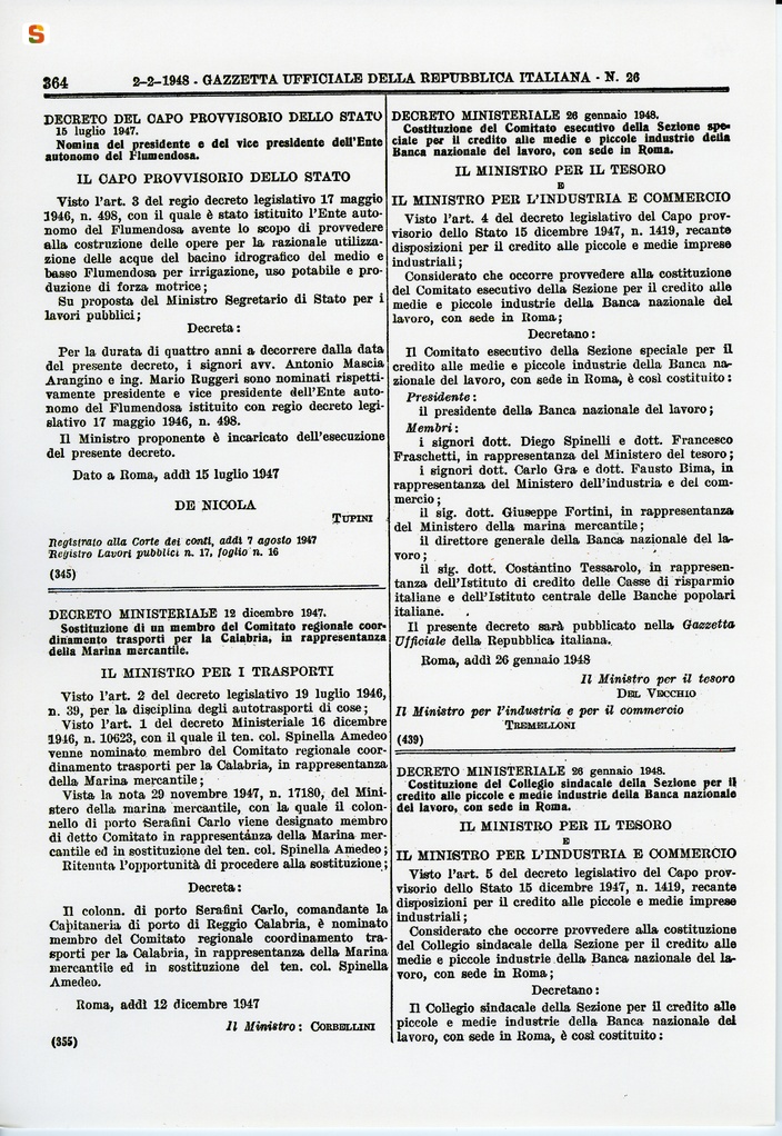 Gazzetta Ufficiale della Repubblica Italiana, n. 26, nomina del Presidente e del vice Presidente dell'Ente Autonomo del Flumendosa