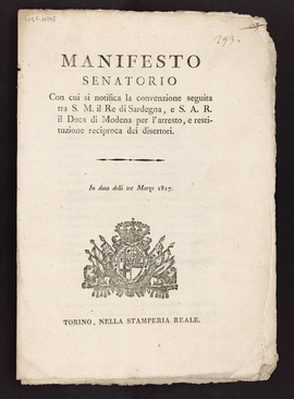 Manifesto senatorio con cui si notifica la convenzione seguita tra S. M. il Re di Sardegna, e S. A. R. il Duca di Modena per l'arresto, e restituzione reciproca dei disertori