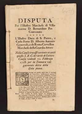 Disputa per l'illustre marchese di Villamarina D. Bernardino Pes [...]