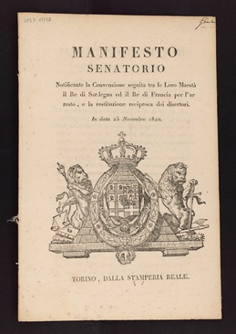 Manifesto senatorio notificante la Convenzione seguita tra le loro maestà il Re di Sardegna ed il Re di Francia per l'arresto, e la restituzione reciproca dei disertori.